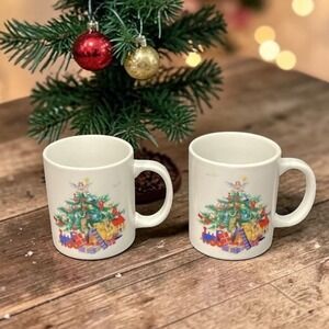 BIA Cordon Bleu White Christmas Tree Coffee Cups, Set of 2, Vtg Porcelain Mugs